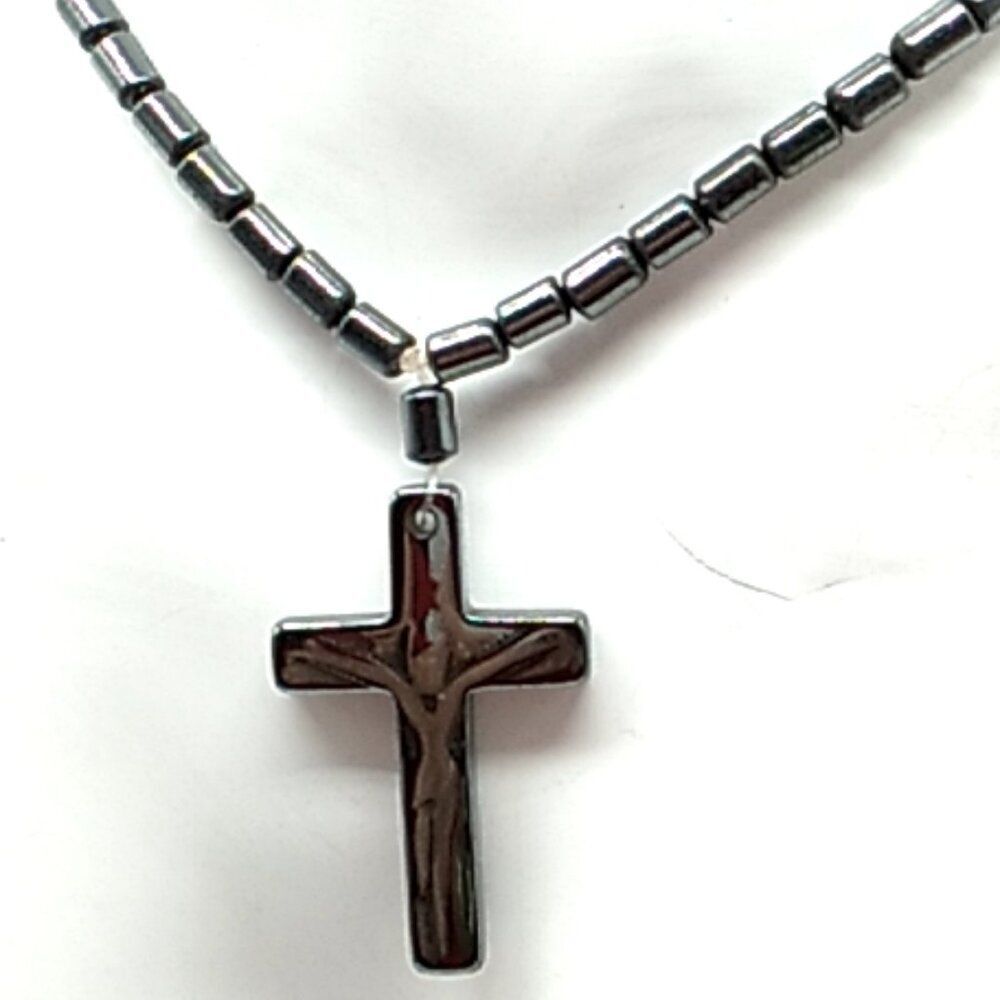 Vintage Hematite Crucifix Pendant Barrel Bead Necklace